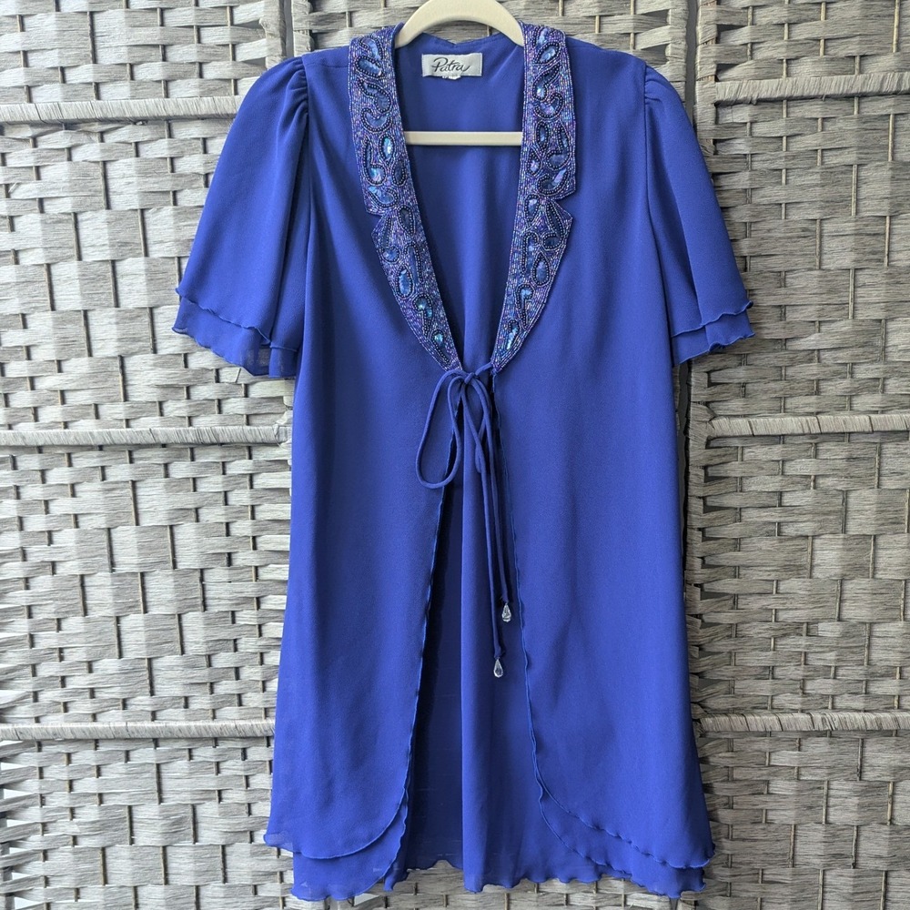 Vtg Patra Topper Royal Blue Beaded Sequined Chiffon Flutter Sleeve Shimmer